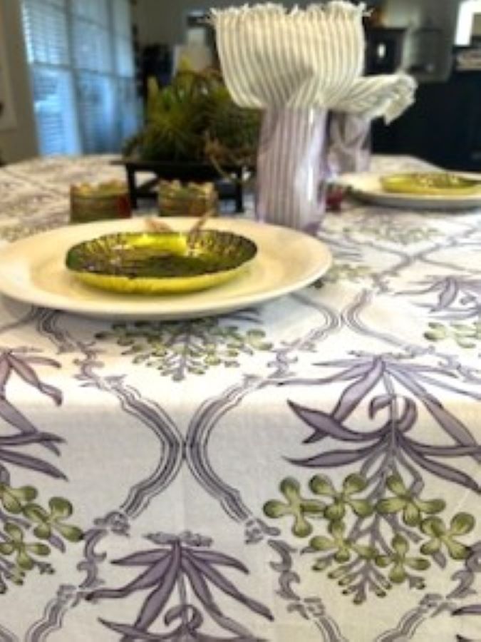 Beautifully Handcrafted Wooden Block Printed Cotton Tablecloth. (Lilac and Green)