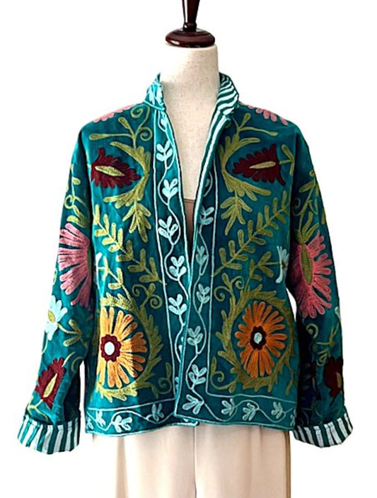 Jacket,  Wearable Art In This Hand Embroidered Velvet Short Jacket, Fully Reversible. (Teal)