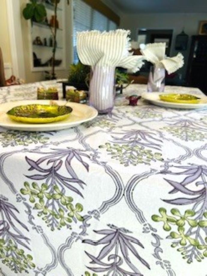 Beautifully Handcrafted Wooden Block Printed Cotton Tablecloth. (Lilac and Green)