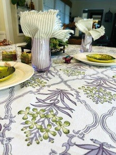 Beautifully Handcrafted Wooden Block Printed Cotton Tablecloth. (Lilac and Green)