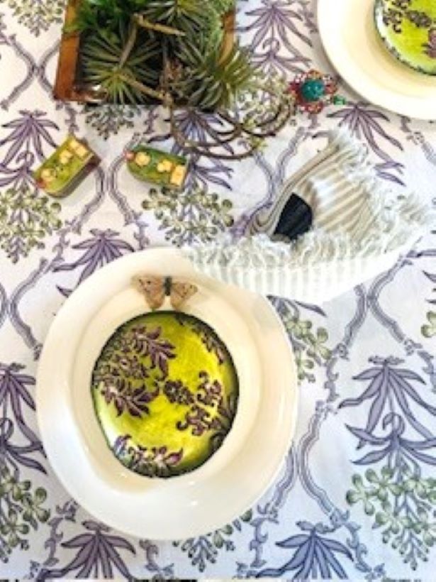 Beautifully Handcrafted Wooden Block Printed Cotton Tablecloth. (Lilac and Green)