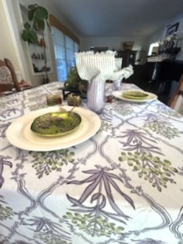 Beautifully Handcrafted Wooden Block Printed Cotton Tablecloth. (Lilac and Green)