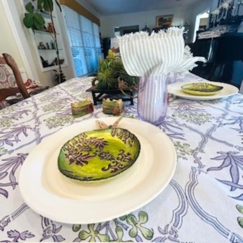 Beautifully Handcrafted Wooden Block Printed Cotton Tablecloth. (Lilac and Green)