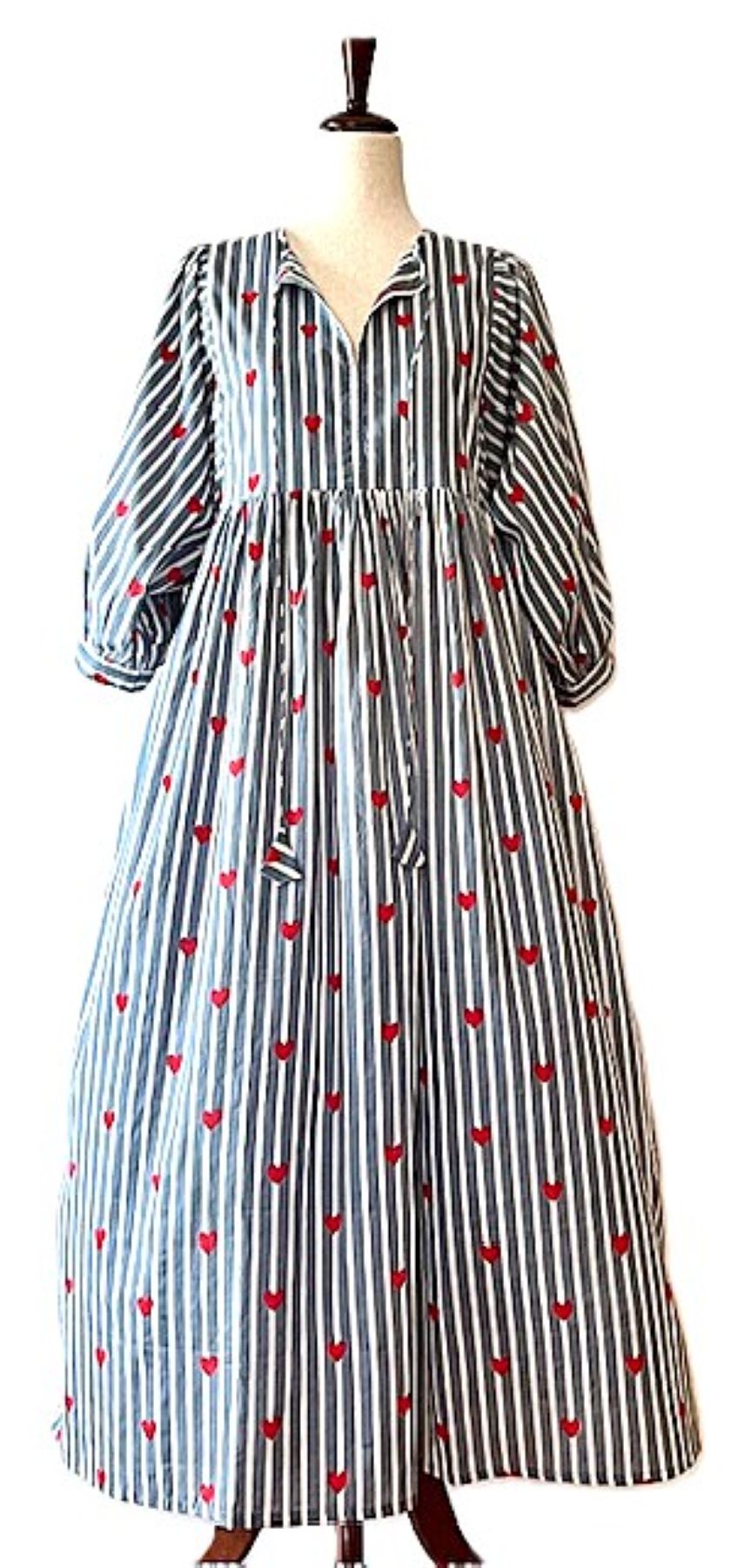 Dresses: Striped Cotton Handblocked Midi Dress With A Twist (Navy)