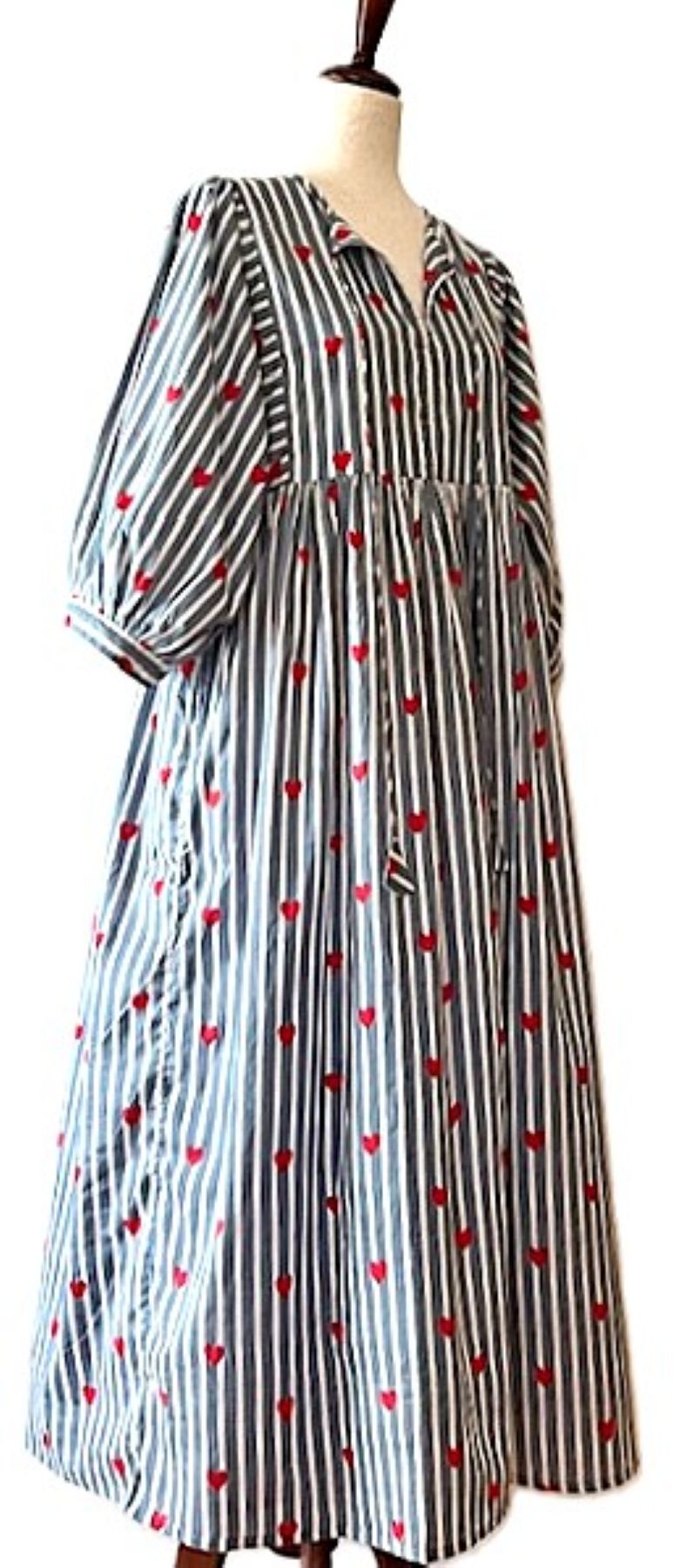 Dresses: Striped Cotton Handblocked Midi Dress With A Twist (Navy)