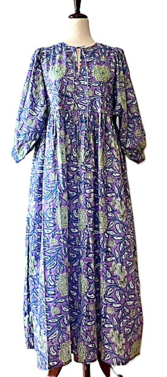 Dresses: Floral Cotton Handblocked Midi Dress In A Dynamic Color Combination