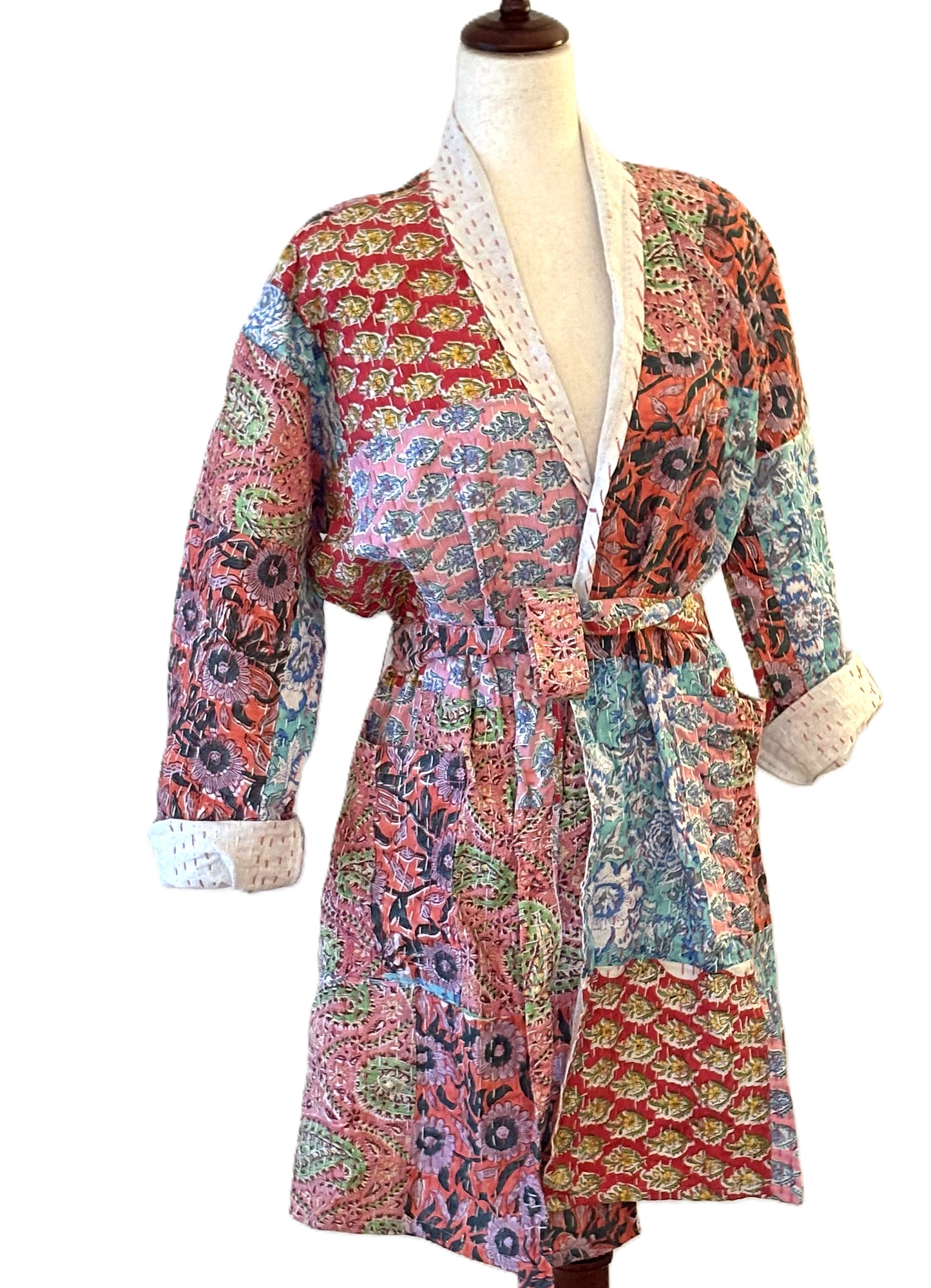 Cotton Patchwork Quilted Kimono Duster: Kantha Stitch