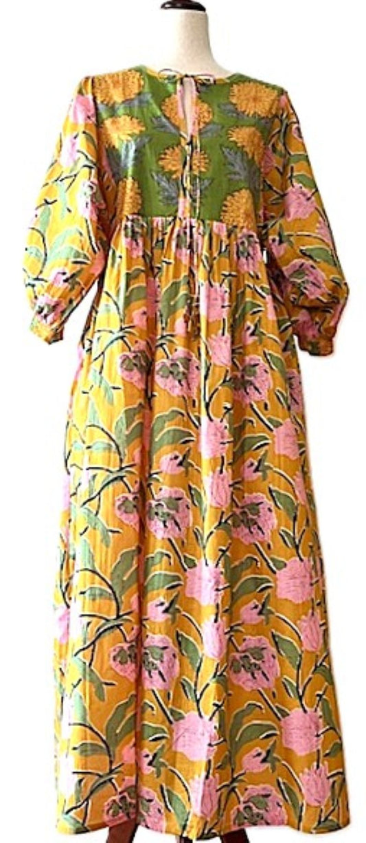 Dresses: Transitional Floral Print Cotton Handblocked Midi. Two Tone.