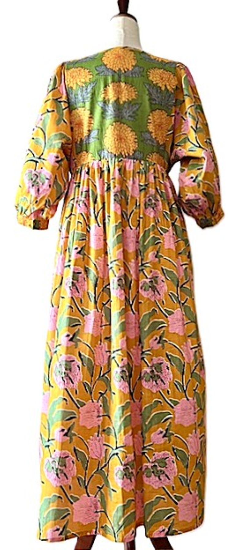 Dresses: Transitional Floral Print Cotton Handblocked Midi. Two Tone.