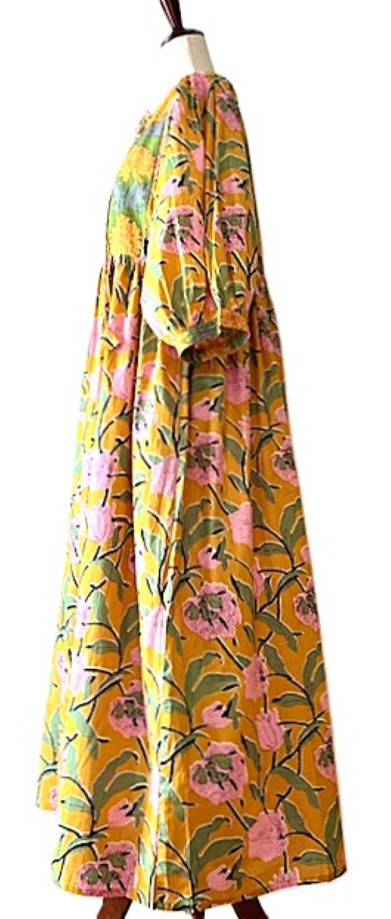 Dresses: Transitional Floral Print Cotton Handblocked Midi. Two Tone.