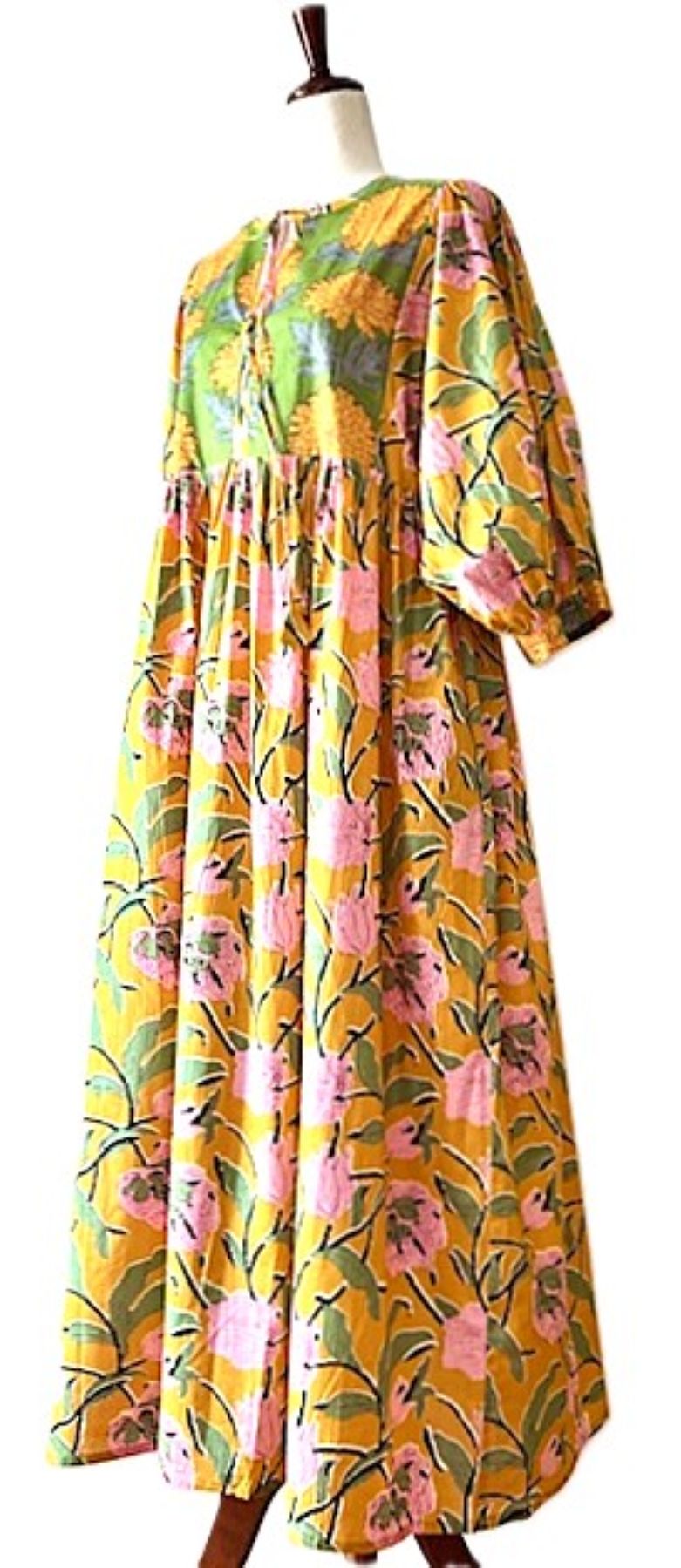 Dresses: Transitional Floral Print Cotton Handblocked Midi. Two Tone.