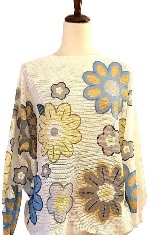 Italian Knit White Daisy Round Printed Sweater: Lightweight Cream,  One Size