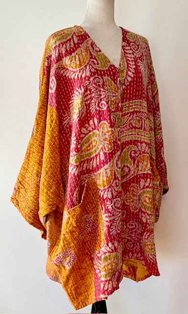 Ultra Lux Kantha Stitched Cotton Sari Split Tunic (Pink)