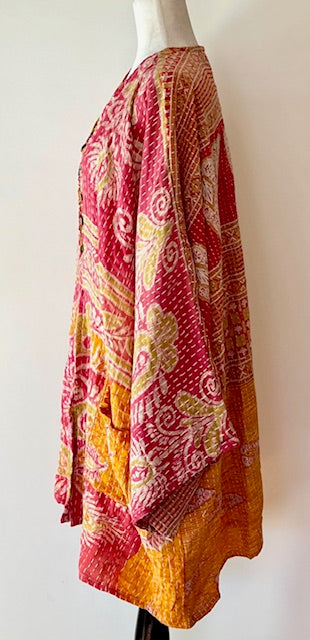 Ultra Lux Kantha Stitched Cotton Sari Split Tunic (Pink)