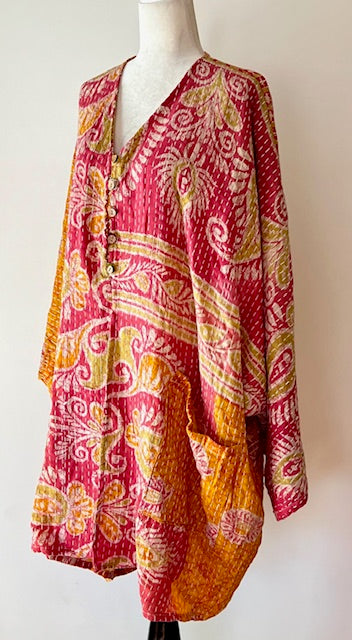 Ultra Lux Kantha Stitched Cotton Sari Split Tunic (Pink)