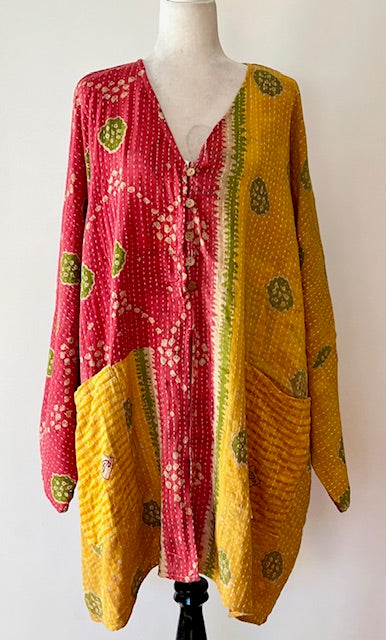 Ultra Lux Kantha Stitched Cotton Sari Split Tunic (Two Tone)