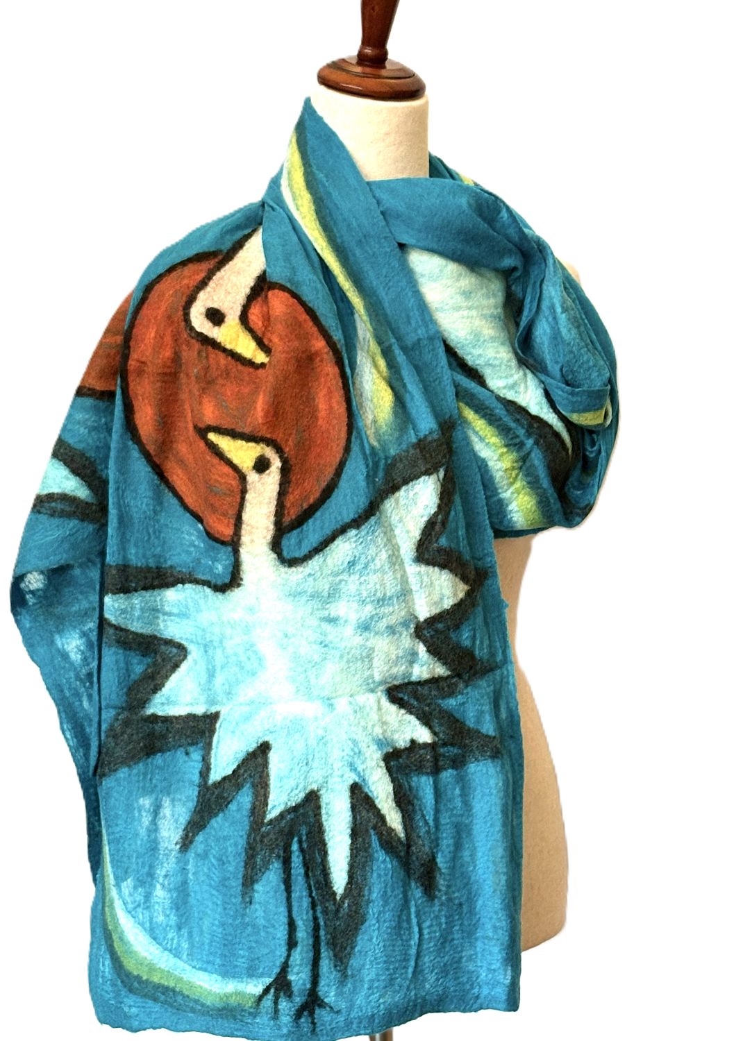 Artisan Silk And Wool Shawl Is a Purchase with a Purpose. (Cranes on Turquoise)