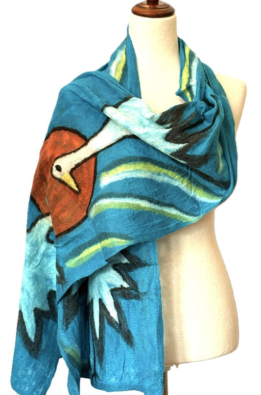 Artisan Silk And Wool Shawl Is a Purchase with a Purpose. (Cranes on Turquoise)