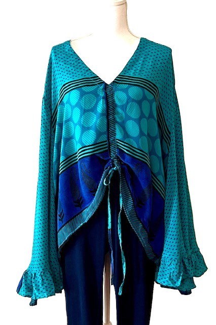 Kantha Bae Bell Sleeve Silk Butterfly Top Is Eye Catching. (Blue)