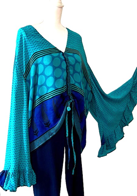 Kantha Bae Bell Sleeve Silk Butterfly Top Is Eye Catching. (Blue)