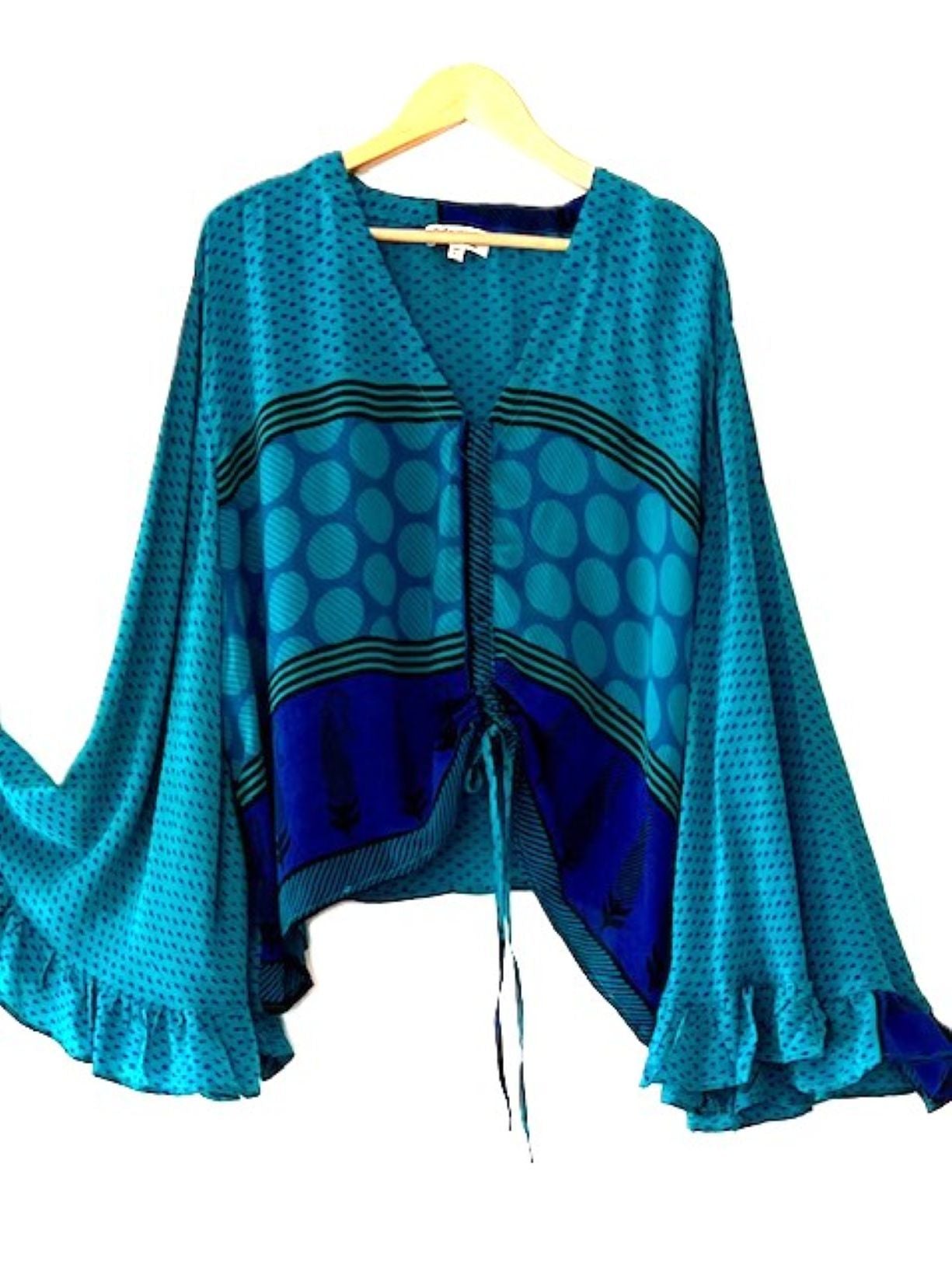 Kantha Bae Bell Sleeve Silk Butterfly Top Is Eye Catching. (Blue)