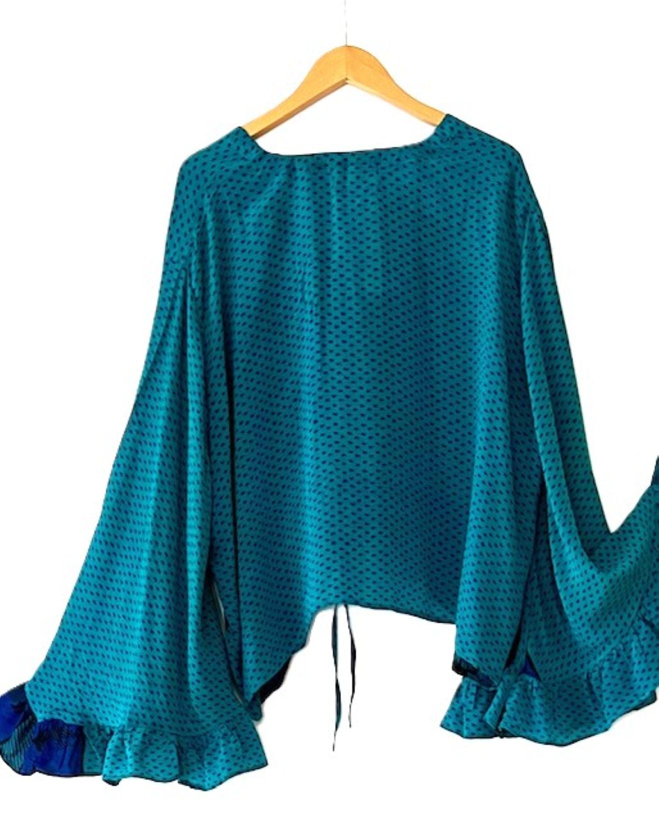 Kantha Bae Bell Sleeve Silk Butterfly Top Is Eye Catching. (Blue)