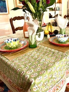 Beautifully Handcrafted Wooden Block Printed Cotton Tablecloth. (Green Pink)