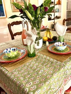 Beautifully Handcrafted Wooden Block Printed Cotton Tablecloth. (Green Pink)