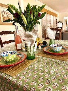 Beautifully Handcrafted Wooden Block Printed Cotton Tablecloth. (Green Pink)