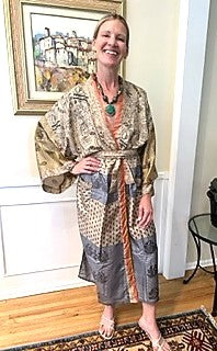 Silk Kimono Duster In a Water Color Print (Bronze/Blue)