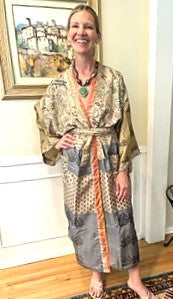 Silk Kimono Duster In a Water Color Print (Bronze/Blue)