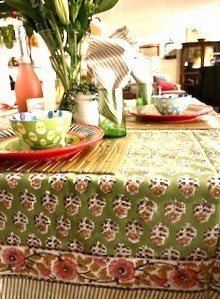 Beautifully Handcrafted Wooden Block Printed Cotton Tablecloth. (Green Pink)