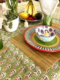 Beautifully Handcrafted Wooden Block Printed Cotton Tablecloth. (Green Pink)