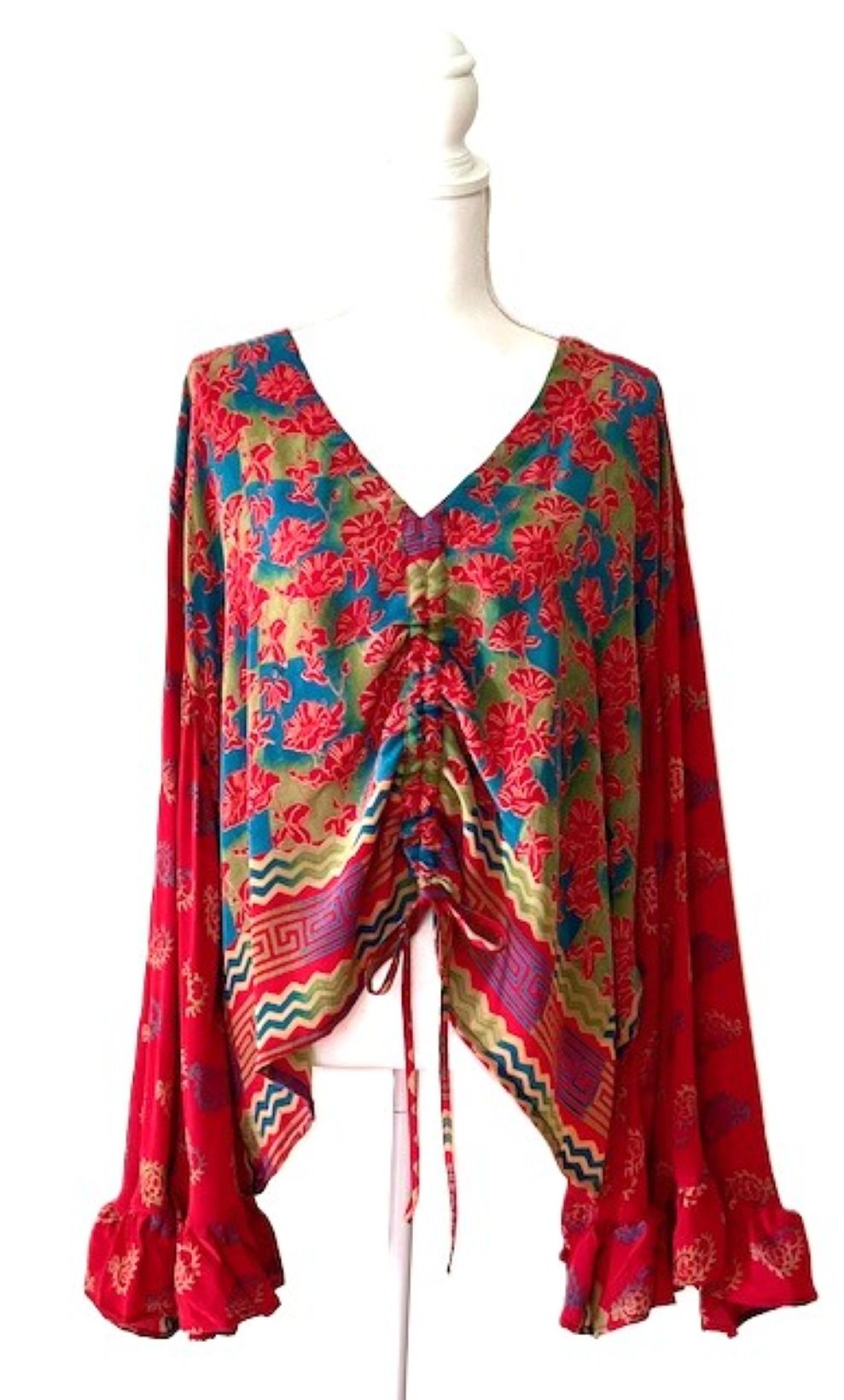 Kantha Bae Bell Sleeve Silk Butterfly Top Is Eye Catching. (Red)