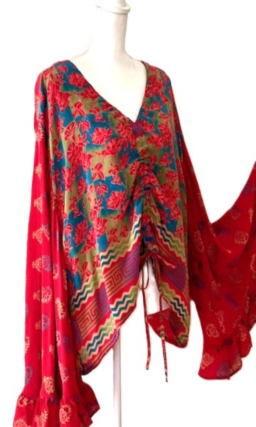 Kantha Bae Bell Sleeve Silk Butterfly Top Is Eye Catching. (Red)