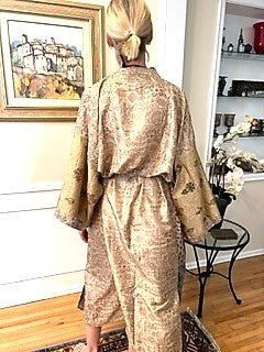 Silk Kimono Duster In a Water Color Print (Bronze/Blue)