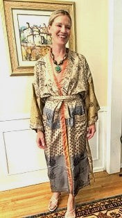 Silk Kimono Duster In a Water Color Print (Bronze/Blue)