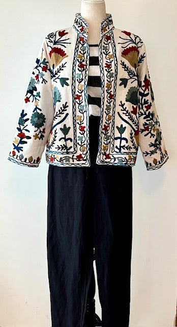 Wearable Art In This Hand Embroidered Short Jacket.  (White Multi)