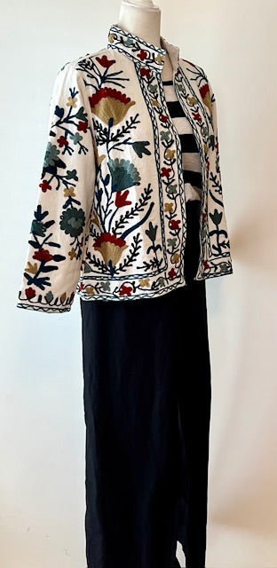 Wearable Art In This Hand Embroidered Short Jacket.  (White Multi)