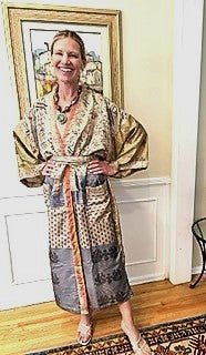 Silk Kimono Duster In a Water Color Print (Bronze/Blue)