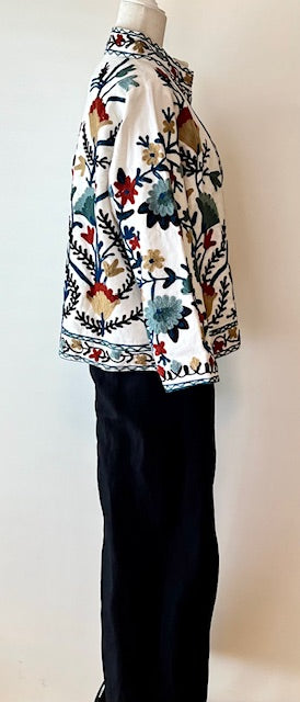 Wearable Art In This Hand Embroidered Short Jacket.  (White Multi)