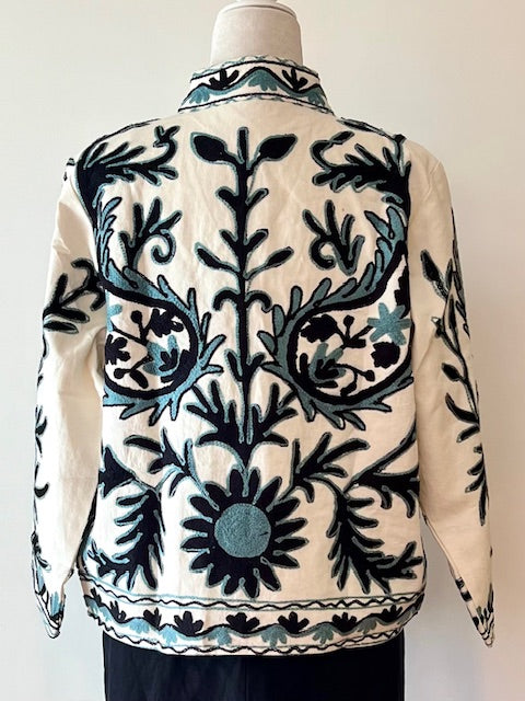 Wearable Art In This Hand Embroidered Short Jacket.  (White w/ Blue/Black)