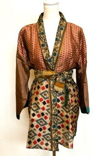 Stunning Short Vintage Art Silk Kimono Jacket (Bronze/Red)