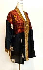 Stunning Short Vintage Art Silk Kimono Jacket (Black and Gold)