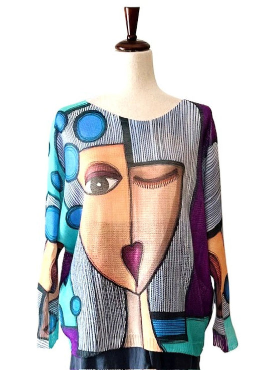 Italian Knit Sweater, Picasso. Bold Colors. (Blue)