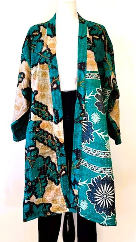 Abstract Print Kantha Quilted Coat Dress, Teal & Gold