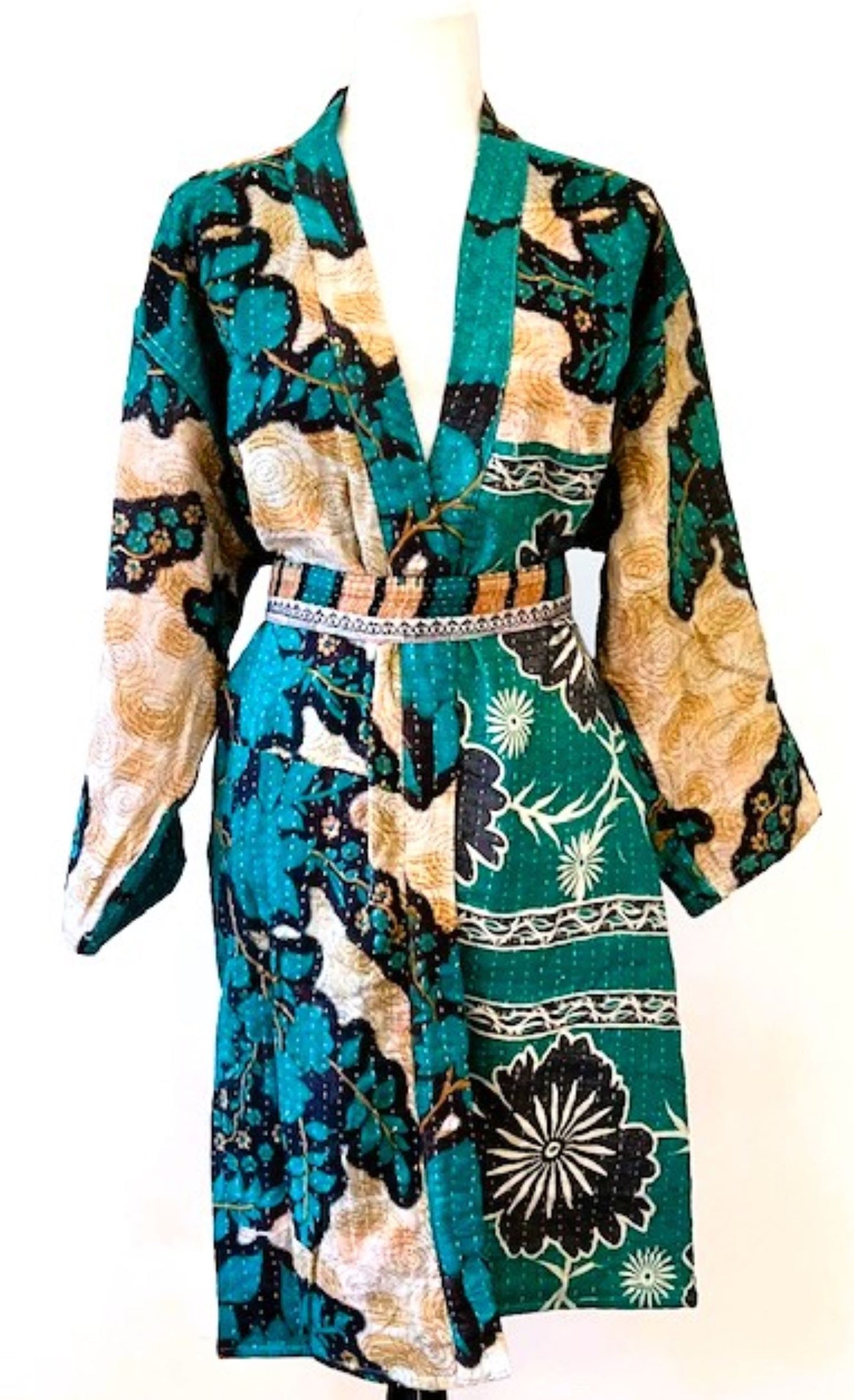 Abstract Print Kantha Quilted Coat Dress, Teal & Gold