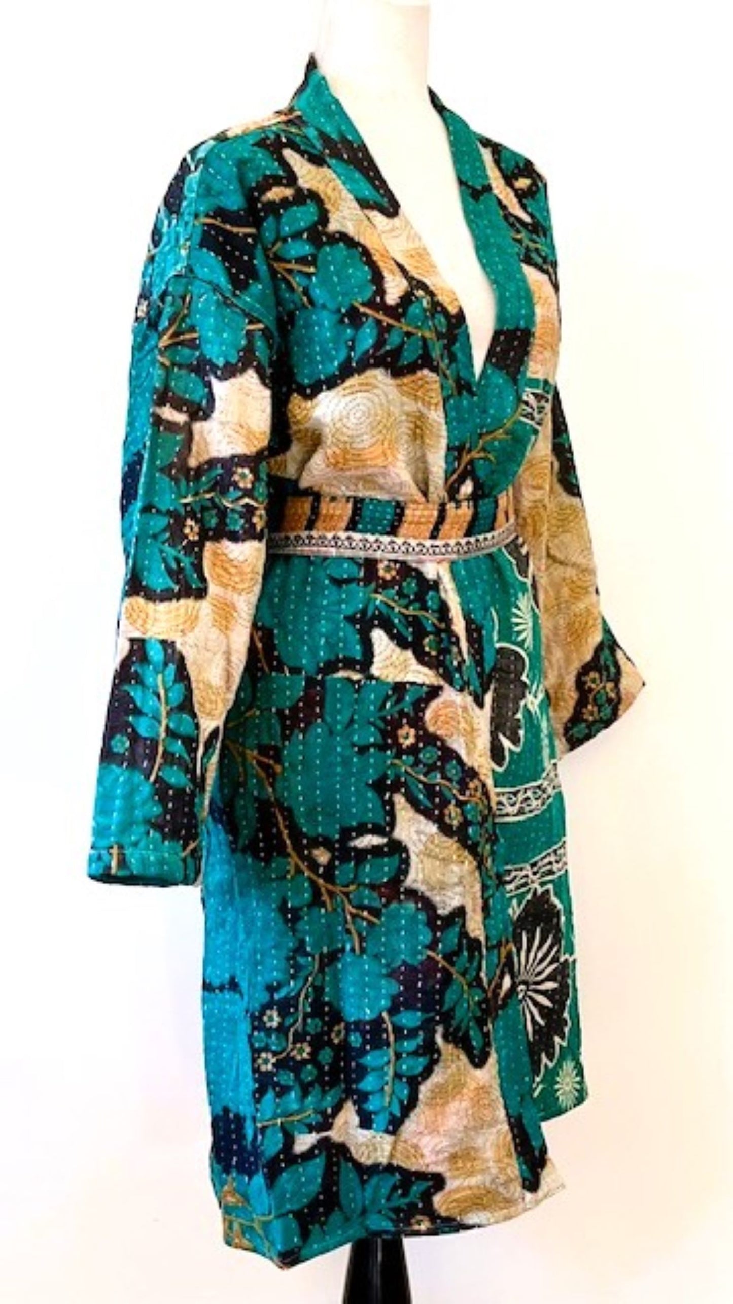 Abstract Print Kantha Quilted Coat Dress, Teal & Gold