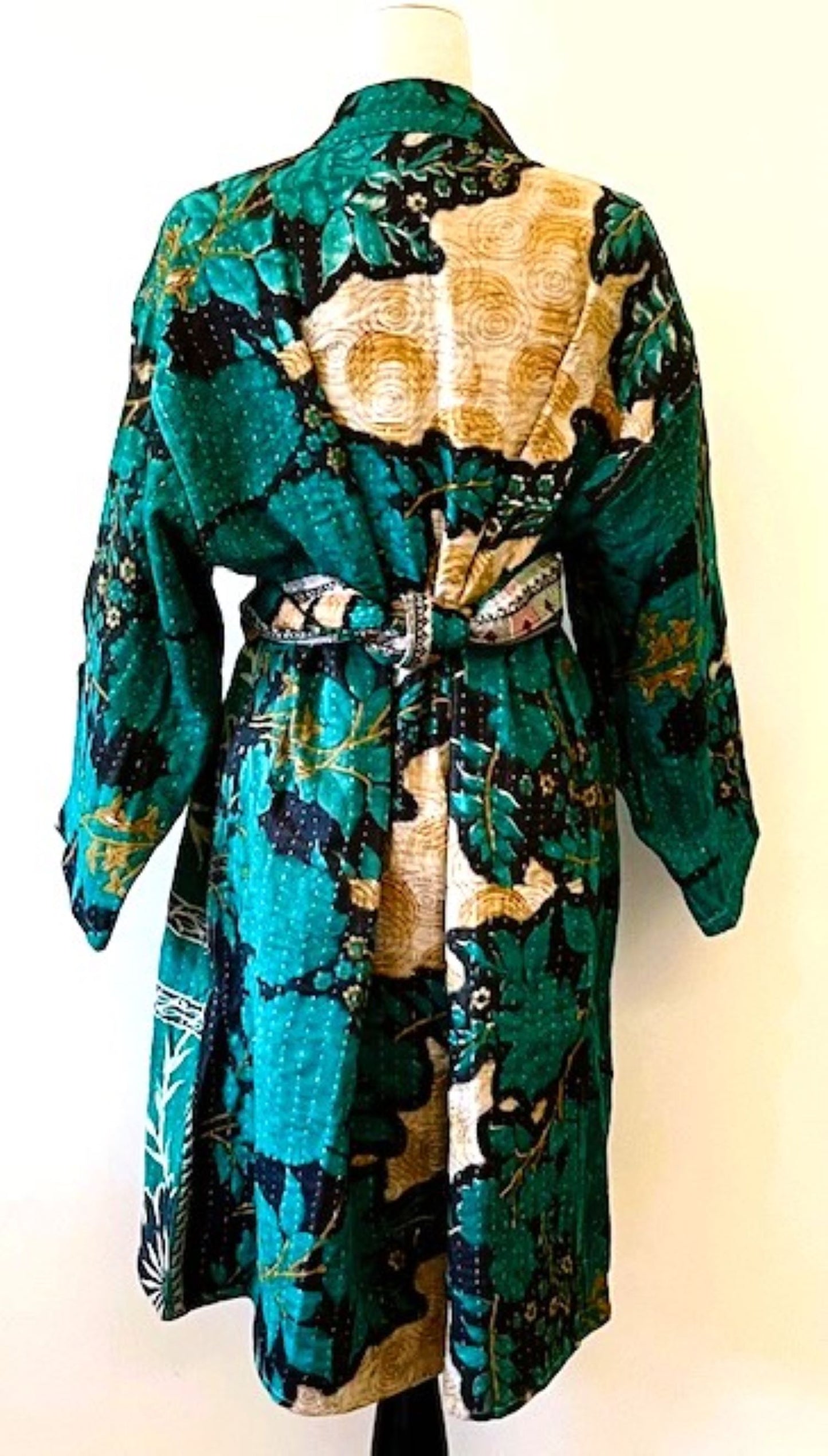 Abstract Print Kantha Quilted Coat Dress, Teal & Gold