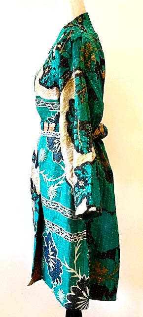 Abstract Print Kantha Quilted Coat Dress, Teal & Gold